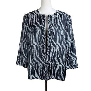 Preston & York Black & Gray Print Brocade Open Front Collarless Blazer Jacket